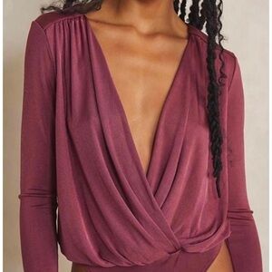 Free People Long Sleeve Faux-Wrap Bodysuit in Plum